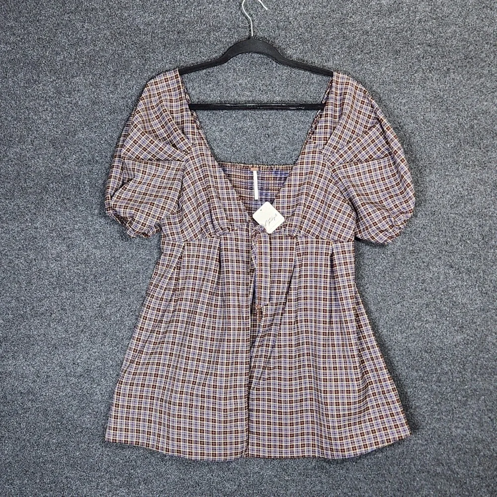 Free People Women Medium Heritage Brown Blue Plaid Babydoll Top Puff Sleeve Boho